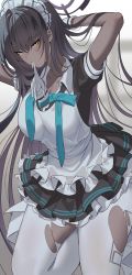  1girl apron bad_id bad_twitter_id black_hair blue_archive blue_ribbon breasts cleavage collared_shirt dark-skinned_female dark_skin frilled_apron frills highres in_mouth karin_(blue_archive) kneeling large_breasts long_hair maid_headdress oh_(aung_ae) pantyhose pleated_skirt puffy_sleeves ribbon shirt skirt torn_clothes torn_pantyhose very_long_hair yellow_eyes 