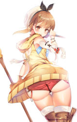 1girl :t absurdres artist_request ass atelier_(series) atelier_ryza bare_shoulders blush boots brown_eyes brown_hair from_behind frown gloves hair_ornament hairclip hat highres looking_at_viewer looking_back red_shorts reisalin_stout shiny_skin short_hair short_shorts shorts single_glove solo staff thigh_boots thighhighs rating:Questionable score:5 user:armorcrystal