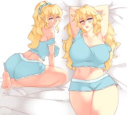  1girl armpits arms_behind_head ass barefoot bed_sheet blind blonde_hair blue_eyes blue_pajamas blush breasts collage commentary curvy english_commentary full_body hair_down hair_ornament hair_scrunchie huge_breasts katawa_shoujo kneeling long_hair looking_at_viewer lying midriff on_back on_bed pajamas ponytail rtil satou_lilly scrunchie short_shorts shorts smile soles solo strap_slip thick_thighs thigh_gap thighs toes  rating:Sensitive score:67 user:danbooru