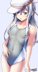 1girl artist_name blue_eyes competition_swimsuit covered_navel cowboy_shot dated flat_chest grey_background grey_one-piece_swimsuit hammer_and_sickle hat hibiki_(kancolle) highres kantai_collection long_hair one-piece_swimsuit open_mouth silver_hair simple_background solo swimsuit tsuchimiya verniy_(kancolle) white_hat rating:Sensitive score:26 user:danbooru