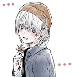 1boy androgynous autumn_leaves beanie blue_eyes blush brown_hat character_request copyright_request earrings erubo hair_between_eyes hat holding holding_leaf jewelry leaf long_sleeves looking_at_viewer male_focus open_mouth short_hair smile solo white_background white_hair