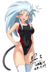  1girl ^^^ big_hair black_one-piece_swimsuit blue_hair blush breasts competition_swimsuit covered_navel dated groin highleg highleg_swimsuit highres large_breasts long_hair looking_at_viewer nose_blush one-piece_swimsuit open_mouth ryouko_(tenchi_muyou!) signature simple_background solo spiked_hair swimsuit tail tenchi_muyou! thighhighs twitter_username two-tone_swimsuit white_background white_thighhighs yellow_eyes yoo_tenchi  rating:Sensitive score:4 user:danbooru