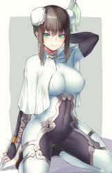 1girl arm_guards arm_up arms_behind_back black_gloves black_hair bodysuit borushichi breasts bun_cover cape chinese_clothes closed_mouth commentary_request covered_navel crotch double_bun fate/grand_order fate_(series) fingerless_gloves gloves green_eyes hair_bun highres holding holding_weapon medium_breasts polearm qin_liangyu_(fate) sidelocks skin_tight smile solo spear squatting taut_clothes thighs weapon white_bodysuit white_cape rating:Sensitive score:12 user:danbooru