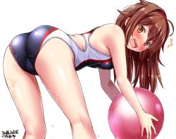 1girl ^^^ ahoge artist_name ass ball bent_over black_one-piece_swimsuit blush breasts brown_eyes brown_hair competition_swimsuit cowboy_shot dated from_behind hair_flaps hairband highres holding holding_ball kantai_collection long_hair looking_at_viewer multicolored_clothes multicolored_one-piece_swimsuit multicolored_swimsuit one-piece_swimsuit open_mouth red_hairband remodel_(kantai_collection) shiny_skin shiny_swimsuit shiratsuyu_(kancolle) simple_background solo swimsuit teeth tsuchimiya upper_teeth_only wet wet_clothes wet_swimsuit white_background rating:Sensitive score:28 user:danbooru
