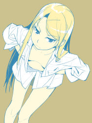 1girl annoyed bent_over bottomless flat_chest frown hair_ornament hairclip hands_on_own_hips highres ino_(magloid) leaning_forward limited_palette long_hair looking_at_viewer mochizuki_nonoka naked_shirt otome_function shirt simple_background sketch solo rating:Questionable score:37 user:danbooru