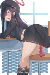  1girl anal_beads ass bent_over black_beret black_hair black_serafuku black_shirt black_skirt black_socks blue_archive blunt_bangs breasts commentary english_commentary faceless feet_out_of_frame halo highres indoors justice_task_force_member_(blue_archive) kneepits long_hair looking_at_viewer looking_back one_eye_closed open_mouth ozzyart_0221 pink_eyes pink_halo pleated_skirt school_uniform serafuku sex_toy shirt signature skirt socks solo twitter_username 