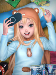  10s 1girl :d bad_id bad_pixiv_id blonde_hair bottle brown_eyes chips_(food) doma_umaru food from_above gohpot hamster handheld_game_console highres himouto!_umaru-chan hood lying manga_(object) nekoronbusu on_back open_mouth pillow playstation_portable potato_chips realistic smile soda_bottle solo upper_body wooden_floor  rating:Sensitive score:20 user:danbooru