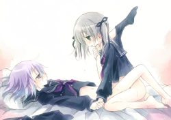  00s 2girls barefoot bed bed_sheet blonde_hair blue_hair blush bottomless couple crona_(soul_eater) gradient_hair green_eyes hair_ribbon holding_hands leg_grab leg_hold leg_lift loli long_hair looking_at_another maka_albarn multicolored_hair multiple_girls on_bed open_mouth pantyhose pantyhose_around_one_leg pillow purple_eyes purple_hair ribbon sakurazawa_izumi school_uniform serafuku short_hair short_twintails silver_hair soul_eater sweat tears tribadism twintails two-tone_hair yuri  rating:Questionable score:120 user:danbooru