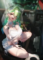  1girl absurdres alternate_costume blurry blurry_background branch breasts ceres_fauna chair computer controller day gem glass green_hair headphones highres hololive hololive_english horns jug keyboard_(computer) kneeling large_breasts light_blush looking_at_viewer midorimae mole mole_under_eye mouse_(computer) nintendo_switch open_mouth skirt smile sunlight suspenders table thighs tongue tongue_out underwear veil virtual_youtuber water window yandere yandere_trance yellow_eyes 