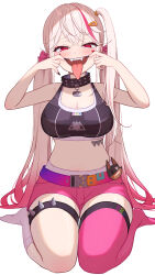  1girl asymmetrical_legwear black_collar black_nails black_sports_bra blonde_hair breasts cleavage collar facial_tattoo gloves goddess_of_victory:_nikke gradient_hair hair_between_eyes hair_ornament hair_ribbon hairclip heart heart_tattoo highres jackal_(nikke) long_hair long_tongue low_twintails medium_breasts mismatched_legwear multicolored_hair omochi_popo open_mouth pink_gloves pink_hair pink_ribbon pink_thighhighs red_eyes ribbon shoes side_ponytail sidelocks single_thighhigh sitting sneakers socks solo spiked_collar spiked_legwear spikes sports_bra stomach_tattoo streaked_hair tattoo thighhighs tongue tongue_out twintails two-tone_gloves wariza white_gloves white_socks  rating:Sensitive score:18 user:Leksa