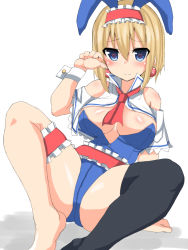  1girl adapted_costume alice_margatroid animal_ears ascot ass bad_id bad_pixiv_id bare_shoulders black_thighhighs blonde_hair blue_eyes blush breasts bridal_garter capelet cleavage earrings fake_animal_ears golgi_hon hairband heart heart-shaped_pupils jewelry large_breasts leotard looking_at_viewer nikkesu playboy_bunny rabbit_ears ribbon sash short_hair simple_background single_thighhigh sitting smile solo spread_legs symbol-shaped_pupils thighhighs touhou white_background wrist_cuffs  rating:Sensitive score:10 user:danbooru