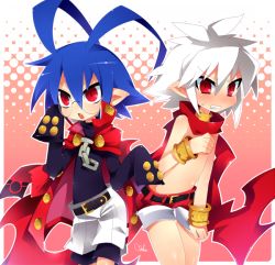  2boys albino antenna_hair bad_id bad_pixiv_id bespectacled blue_hair blush bracelet cape clenched_teeth cosplay costume_switch disgaea embarrassed eyewear_switch glasses jewelry laharl laharl_(cosplay) makai_senki_disgaea makai_senki_disgaea_3 male_focus mao_(cosplay) mao_(disgaea) mao_(disgaea)_(cosplay) multiple_boys mushimaro pointy_ears red_eyes red_scarf red_shorts scarf shirt topless_male shorts sleeves_past_wrists teeth white_hair  rating:Sensitive score:18 user:danbooru