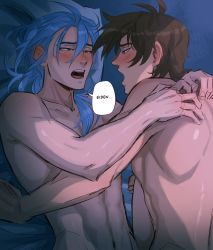  2boys absurdres blue_eyes blue_hair blush brown_eyes chalseu edmond_(nu_carnival) eiden_(nu_carnival) highres implied_anal implied_sex light_brown_hair long_hair looking_at_another male_focus multiple_boys nipples nu_carnival nude open_mouth pectorals pillow short_hair sweatdrop yaoi  rating:Questionable score:17 user:danbooru