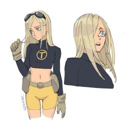 1girl absurdres belt blonde_hair blue_eyes brown_gloves cropped_shirt dc_comics gloves highres jenxd_d long_hair midriff navel shirt shorts simple_background solo teen_titans terra_(dc) tight_clothes tight_shirt utility_belt yellow_shorts 