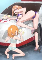  2girls age_difference armpits ass back bare_arms bare_legs bare_shoulders barefoot bent_over bikini blush breast_rest breasts butt_crack car car_wash closed_mouth dimples_of_venus feet female_focus flat_chest from_behind full_body groin hair_between_eyes ishino_mikoto large_breasts legs loli looking_back motor_vehicle multiple_girls munekata_arisa muramura_hito open_mouth orange_hair outdoors partially_visible_vulva ponytail purple_bikini red_eyes sandals short_hair soap_bubbles soles sponge squatting swimsuit thighs thong toes tomica_hyper_rescue_drive_head:_kidou_kyuukyuu_keisatsu vehicle washing wet wet_clothes  rating:Questionable score:167 user:rusoli