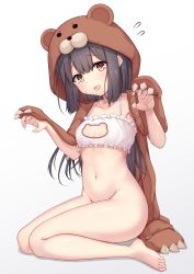  1girl alternate_costume animal_costume animal_ears animal_hood arata_(xin) bear_costume bear_ears bear_hood black_hair blush bottomless bra breasts brown_eyes claw_pose cleavage_cutout clothing_cutout collarbone commentary_request fang fate/grand_order fate/kaleid_liner_prisma_illya fate_(series) flying_sweatdrops frilled_bra frills groin highres hood lingerie long_hair looking_at_viewer meme_attire miyu_edelfelt navel open_mouth simple_background sitting small_breasts solo stomach thighs underwear wariza white_background  rating:Questionable score:68 user:danbooru