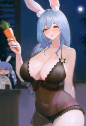  2girls absurdres animal_ear_fluff animal_ears animal_print arm_behind_back black_nightgown black_panties blue_hair breasts carrot carrot_print cleavage commentary covered_navel cup english_commentary food_print full_moon hair_between_eyes hand_up highres holding holding_carrot hololive large_breasts long_hair looking_at_viewer mature_female mole mole_under_eye moon mother_and_daughter mug multicolored_hair multiple_girls night night_sky nightgown pajamas panties pekomama print_pajamas rabbit_ears rabbit_girl rabbit_print red_eyes short_eyebrows sky smile thick_eyebrows tomatoketchup96 underwear usada_pekora virtual_youtuber  rating:Sensitive score:70 user:danbooru