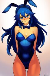  1girl animal_ears arms_behind_back artist_name bare_shoulders blue_bow blue_eyes blue_hair blue_leotard blush bow bow_choker brand_of_the_exalt breasts cleavage closed_mouth cowboy_shot fake_animal_ears fire_emblem fire_emblem_awakening hair_between_eyes highres leotard long_hair looking_at_viewer lucina_(fire_emblem) nintendo pantyhose playboy_bunny rabbit_ears smgold smile solo strapless strapless_leotard symbol_in_eye 