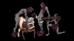  1girl 3boys ass at_gunpoint barefoot bayonet bazooka bent_over black_background black_footwear black_hair bottomless bound bound_ankles bound_legs breasts bubble clothed_sex colored_skin commentary cropped_shirt demon_boy devil_may_cry devil_may_cry_(series) devil_may_cry_3 doggystyle english_commentary fellatio full_body glaring grey_skin group_sex gun_to_head hell_pride hetero highres hood interspecies kalina_ann_(weapon) lady_(devil_may_cry) large_breasts large_penis legs_together m20_super_bazooka man-portable_anti-tank_systems mmf_threesome multiple_boys muscular muscular_male namespace on_one_knee oral penis rape red_eyes rocket_launcher saliva sex sex_from_behind shirt short_hair simple_background spitroast threesome tongue tongue_out uncensored weapon white_shirt  rating:Explicit score:153 user:danbooru