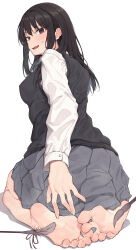  1girl absurdres bare_legs barefoot batatata77 black_eyes black_hair black_sweater_vest covering_ass covering_privates feathers feet foot_focus from_behind grey_skirt highres long_hair long_sleeves looking_at_viewer looking_back original pleated_skirt school_uniform seiza shirt sitting skirt soles solo sweater_vest tickling tickling_feet toes white_background white_shirt 