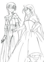  2girls bare_shoulders breasts cleavage closed_mouth dress female_focus greyscale highres joanna_elizabeth_stafford kanai lineart long_hair looking_at_another luminous_witches medium_breasts monochrome multiple_girls sketch smile sylvie_cariello wedding_dress wife_and_wife world_witches_series yuri 