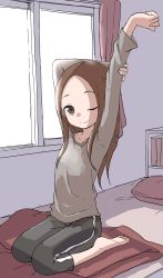 1girl ;) arms_up barefoot black_pants brown_eyes brown_hair closed_mouth collarbone commentary_request curtains day grey_shirt highres indoors karakai_jouzu_no_takagi-san long_hair long_sleeves official_art on_bed one_eye_closed pants parted_bangs pillow shirt sitting smile soles solo stretching takagi-san very_long_hair waking_up wariza window yamamoto_souichirou  rating:Sensitive score:22 user:danbooru