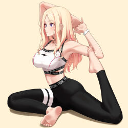  1girl absurdres armpits arms_up barefoot black_pants blonde_hair blush breasts commentary feet gakuen_idolmaster hear_(kpmf4732) highres idolmaster interlocked_fingers juo_sena large_breasts long_hair looking_ahead navel own_hands_together pants simple_background soles solo sports_bra toes very_long_hair watch white_sports_bra wristwatch yellow_background yoga yoga_pants 