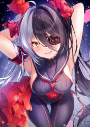  1girl :d absurdres ahoge armband armpits arms_behind_head arms_up ascot black_hair black_leotard black_pantyhose blade_&amp;_soul blush breasts commentary_request eyepatch from_above grey_hair hair_between_eyes hair_intakes highres leotard medium_breasts multicolored_hair nenobi_(nenorium) open_mouth pantyhose pohwaran red_ascot sideboob smile solo twintails two-tone_hair yellow_eyes 