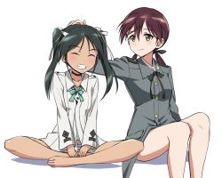 2girls barefoot black_neckwear blush breasts brown_eyes brown_hair choker closed_eyes closed_mouth female_focus francesca_lucchini gertrud_barkhorn green_hair grin hand_on_another&#039;s_head kaneko_(novram58) military military_uniform multiple_girls panties simple_background sitting small_breasts smile strike_witches striped_clothes striped_panties twintails underwear uniform white_background world_witches_series