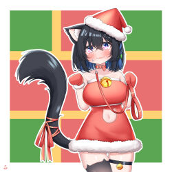  1girl absurdres animal_collar animal_ear_legwear animal_ears asymmetrical_legwear bare_shoulders bell belt_collar black_hair black_thighhighs blue_hair blush border bow breasts cat_cutout cat_ear_legwear cat_ears cat_girl cat_tail christmas clothing_cutout collar colored_inner_hair dress embarrassed fangs fur-trimmed_dress fur-trimmed_gloves fur_trim furrowed_brow gloves hair_between_eyes hair_bow highres holding holding_leash hoshina_suzu jingle_bell large_breasts leash looking_at_viewer medium_hair mismatched_legwear multicolored_background multicolored_hair nanakun navel_cutout outline outside_border paw_pose red_dress red_gloves red_ribbon ribbon santa_costume santa_dress skindentation smile solo strapless strapless_dress sweatdrop tail tail_ornament tail_ribbon thigh_strap thighhighs virtual_youtuber wactor_production white_border white_outline 