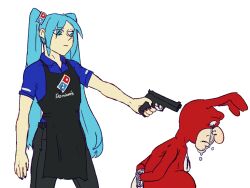  1boy 1girl animal_ears apron aqua_eyes aqua_hair black_apron black_pants blue_shirt bodysuit collared_shirt commentary crying crying_with_eyes_open cuffs domino&#039;s_pizza employee_uniform english_commentary execution fake_animal_ears fentanyan frown gun hair_ornament handcuffs handgun hatsune_miku holding holding_weapon imminent_death logo logo_hair_ornament long_hair pants rabbit_ears red_bodysuit serious shirt sidelocks sketch t-shirt tears the_noid uniform vocaloid weapon what white_background wing_collar  rating:General score:14 user:danbooru