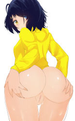  1girl :o absurdres ass ass_focus ass_grab bare_legs bent_over blue_hair bottomless commission female_focus hands_on_own_cheeks hands_on_own_face heterochromia highres hood hoodie looking_at_viewer looking_back no_panties ooto_ai open_mouth pussy shiny_skin squeezing thick_thighs thighs uncensored white_background wonder_egg_priority  rating:Explicit score:82 user:RikkaRitsu