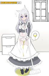  1girl absurdres animal_ears apron black_bow black_bowtie black_dress black_footwear bladder blue_eyes blush bow bow_panties bowtie breasts broom buttons cameltoe collared_shirt dress embarrassed english_text female_focus flying_sweatdrops fox_ears fox_girl frilled_apron frilled_shirt frills full_body garter_belt gluteal_fold grey_hair hand_up highres holding holding_broom indoors juliet_sleeves knees_together_feet_apart long_hair long_sleeves looking_at_viewer maid maid_apron maid_headdress medium_breasts navel nose_blush open_mouth original panties panties_over_garter_belt partially_colored pee peeing peeing_self puddle puffy_sleeves shirt shoes solo speech_bubble standing stomach sweat thigh_gap thighhighs toya12011 trembling underwear urine_meter wet wet_clothes wet_panties white_apron white_panties white_shirt white_thighhighs window x-ray  rating:Questionable score:23 user:AngryZapdos