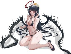  1girl absurdres bags_under_eyes bikini black_bikini black_footwear black_hair black_wings blood blood_halo blue_archive blush breasts chinese_commentary cleavage commentary_request criss-cross_halter flower hair_flower hair_ornament halo halterneck highres large_breasts liquid_halo liuli_xiao long_hair looking_at_viewer low_wings melting_halo navel official_alternate_costume ponytail red_eyes red_halo sandals simple_background solo swimsuit tsurugi_(blue_archive) tsurugi_(swimsuit)_(blue_archive) very_long_hair white_background wings 