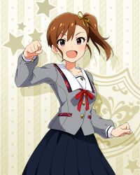  1girl :d asymmetrical_bangs black_skirt breasts brown_hair buttons clenched_hands collar collarbone cowboy_shot dot_nose eyelashes forehead futami_mami grey_serafuku grey_shirt hair_ribbon hand_up idolmaster idolmaster_(classic) idolmaster_million_live! idolmaster_million_live!_theater_days junior_high_schoolmate_(idolmaster) light_blush lone_nape_hair long_sleeves looking_at_viewer neck_ribbon official_alternate_costume official_art open_mouth plaid_collar pleated_skirt purple_eyes red_ribbon ribbon school_uniform serafuku shirt short_hair side_ponytail single_sidelock skirt small_breasts smile solo star_(symbol) starry_background swept_bangs white_collar yellow_ribbon 