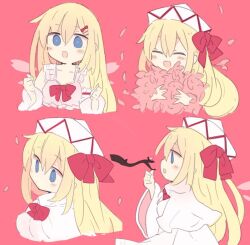 1girl 76gpo blonde_hair blue_eyes bow capelet dress fairy fairy_wings hat hat_bow lily_white one-hour_drawing_challenge open_mouth petals red_background touhou upper_body white_capelet white_dress white_hat wings