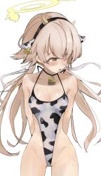  1girl 27tb absurdres animal_ears animal_print arms_behind_back bare_arms bell black_hairband blue_archive breasts brown_eyes brown_hair cleavage collarbone cow_ears cow_horns cow_print embarrassed fake_animal_ears fake_horns hairband halo hifumi_(blue_archive) highres horns long_hair low_twintails neck_bell one-piece_swimsuit open_mouth print_swimsuit shy small_breasts solo sweat swimsuit twintails very_long_hair white_background  rating:Questionable score:22 user:lolikingrentaro