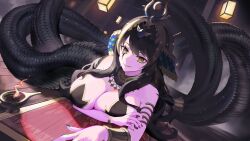  1girl absurdres arm_under_breasts black_hair black_nails breasts cleavage colored_skin egyptian_clothes facial_mark hair_ornament highres indie_virtual_youtuber lamia lantern large_breasts long_hair monster_girl oil_lamp purple_skin slit_pupils snake_armband solo subu_art tail tail_ornament usekh_collar vexoria_the_sun_eater virtual_youtuber wooden_floor yellow_eyes 