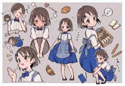  2girls ai_nige apron ara_ara back_bow baguette bakery bare_legs black_hair blue_skirt blush bow bowtie bread bread_slice croissant cropped_legs cropped_torso embarrassed flying_sweatdrops food full-face_blush full_body highres idolmaster idolmaster_cinderella_girls looking_at_viewer mother_and_daughter multiple_girls multiple_views musical_note notice_lines plaid plaid_apron polka_dot polka_dot_background sasaki_chie sasaki_chie&#039;s_mother shop short_hair skirt smile speech_bubble waitress  rating:General score:24 user:danbooru