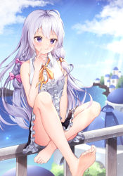 1girl :q absurdres bare_legs bare_shoulders barefoot between_legs black_skirt blue_sky blush bow braid breasts closed_mouth convenient_leg elaina_(majo_no_tabitabi) feet finger_to_mouth flower frilled_skirt frills full_body hand_between_legs hat highres indian_style lancheu light_purple_hair light_rays long_hair long_sleeves lotus low_ponytail majo_no_tabitabi neck_ribbon pink_bow purple_eyes ribbon shirt side_braid silver_hair sitting skirt sky sleeveless sleeveless_shirt smile soles solo sunbeam sunlight toes tongue tongue_out yellow_ribbon rating:Sensitive score:62 user:danbooru