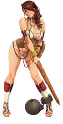 10s 1girl armband ball_and_chain_restraint battle_damage bdsm branwen_(queen&#039;s_blade) breasts brown_hair collar cracked_shield cracked_sword damaged_ball_and_chain_restraint damaged_shield damaged_sword damaged_weapon heterochromia large_breasts leash legs long_hair long_legs oda_non queen&#039;s_blade queen&#039;s_blade_rebellion sandals scratched_sword shield slave solo sword tattoo thighs weapon rating:Questionable score:58 user:deltaonix