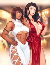  2girls abs alcohol armlet artist_name asami_sato avatar_legends black_hair blue_eyes breasts brown_hair champagne_flute cleavage clothing_cutout cup dark-skinned_female dark_skin dress drinking_glass earrings female_focus green_eyes halterneck hand_on_own_hip holding holding_drinking_glass iahfy indoors jewelry korra large_breasts linea_alba long_hair looking_at_viewer midriff multiple_girls muscular muscular_female navel necklace no_bra obliques party patreon_username plunging_neckline red_dress short_hair side_cutout sideboob smile stomach_cutout the_legend_of_korra twitter_username underboob watermark white_dress  rating:Sensitive score:56 user:danbooru