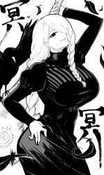  1girl asymmetrical_bangs bird braid braided_bangs breasts crow curvy dress greyscale hair_over_one_eye hand_on_own_hip highres holding holding_weapon impossible_clothes impossible_dress jujutsu_kaisen large_breasts long_dress long_hair long_sleeves looking_at_viewer mei_mei_(jujutsu_kaisen) monochrome narrow_waist solo taut_clothes taut_dress weapon wide_hips yuki_mizore 