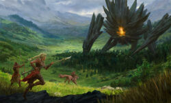  1girl 2boys absurdres armor bare_arms bear blonde_hair boots bow_(weapon) braid chest_armor creature drawing_bow facing_away fog forest fur_boots grass guild_wars_(series) guild_wars_2 highres holding holding_bow_(weapon) holding_polearm holding_weapon landscape leg_armor looking_at_another looking_at_creature low_twin_braids monster mountain multiple_boys nature official_art on_grass on_rock personification polearm riding riding_animal running scenery shoulder_armor size_difference teamwork tree twin_braids very_wide_shot weapon wide_shot 