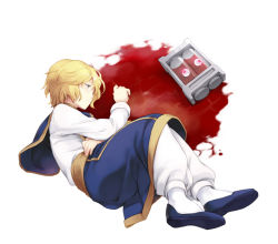  1boy blonde_hair blood blood_on_ground blue_footwear closed_mouth comet_(teamon) commentary eyeball flats from_above full_body hunter_x_hunter kurapika long_sleeves lying male_focus on_ground on_side pants red_eyes sad shirt shoe_soles solo tabard tube white_background white_pants white_shirt 