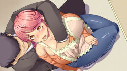  1girl apron blush breasts cheating_(relationship) covered_erect_nipples embarrassed from_above grabbing grabbing_another&#039;s_breast hand_under_clothes highres huge_breasts jewelry kneeling kodamama legs long_hair looking_at_viewer mature_female open_mouth orange_eyes original pink_hair ring simple_background sitting thighs wedding_band  rating:Explicit score:26 user:Ynyswydryn