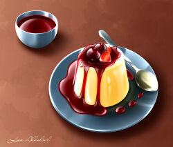  absurdres berry food food_focus highres laia_alkaloid no_humans original plate pudding signature spoon syrup 