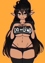  1girl black_hair borrowed_character breasts clothes_writing dark-skinned_female dark_skin elf english_text fuck-me_shirt gluteal_fold highres large_breasts long_hair meme_attire pointy_ears solo standing tagme the_only_shoe underboob  rating:Sensitive score:87 user:Vurk