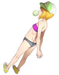  1girl arms_behind_back ass baseball_cap blonde_hair blowing_bubbles butt_crack chewing_gum e10 elpeo_puru female_focus gundam gundam_zz hat loli purple_eyes shoes simple_background solo standing strapless sweat tube_top white_background  rating:Questionable score:113 user:Dweenie