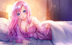  1girl backlighting blue_eyes blurry blush bokeh breasts cleavage commentary_request depth_of_field gundam gundam_seed gundam_seed_freedom highres indoors lacus_clyne lamp lifting_covers light_particles long_hair looking_at_viewer lying medium_breasts night open_mouth pajamas pillow pink_hair pink_pajamas smile solo toshi_(1-147) under_covers 